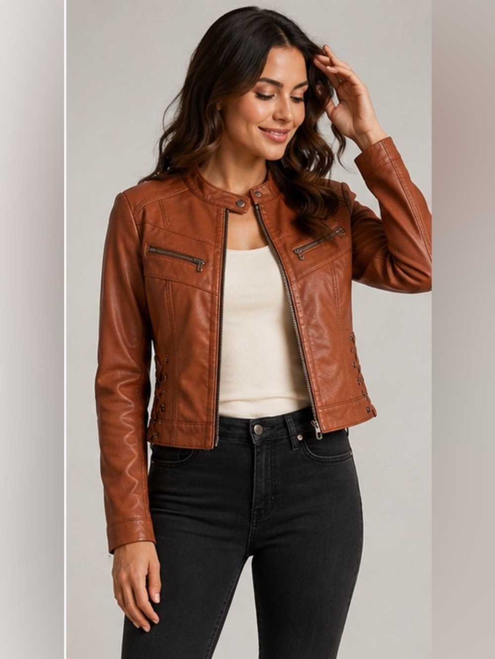 Therapy by Lane Crawford Brown Faux Leather Moto Jacket